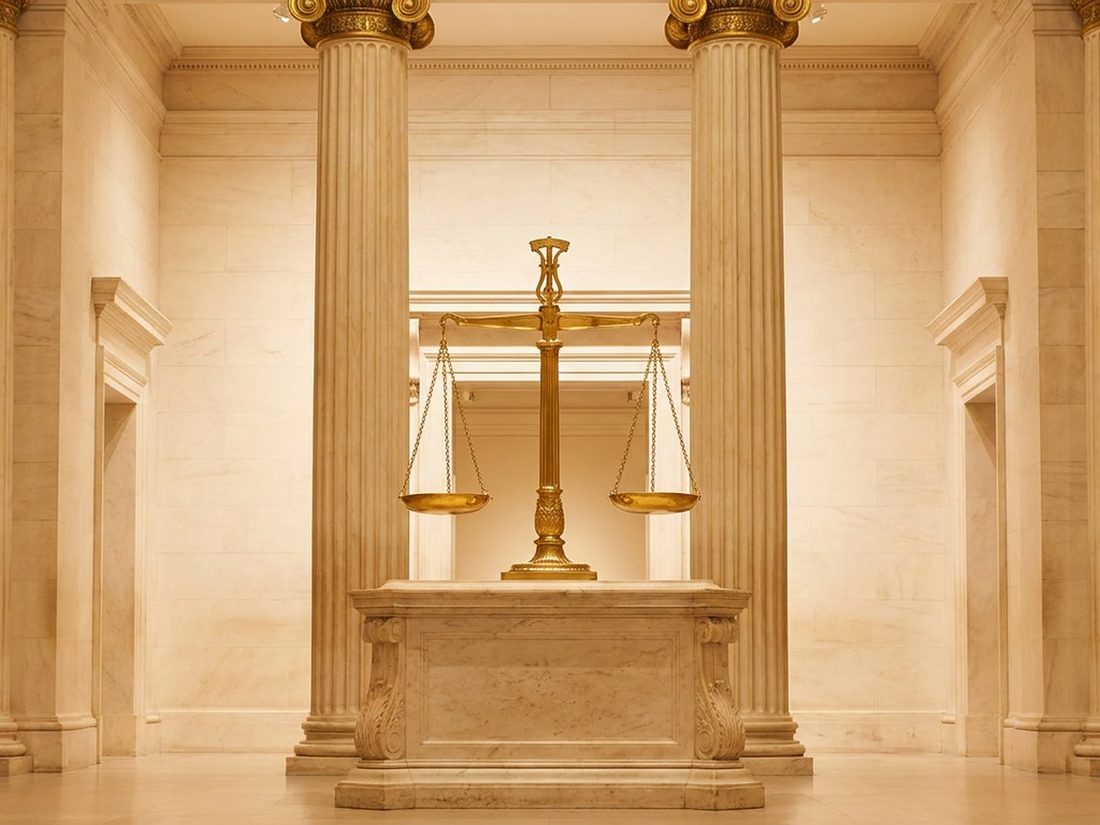Templo grego de mármore com a balança da justiça